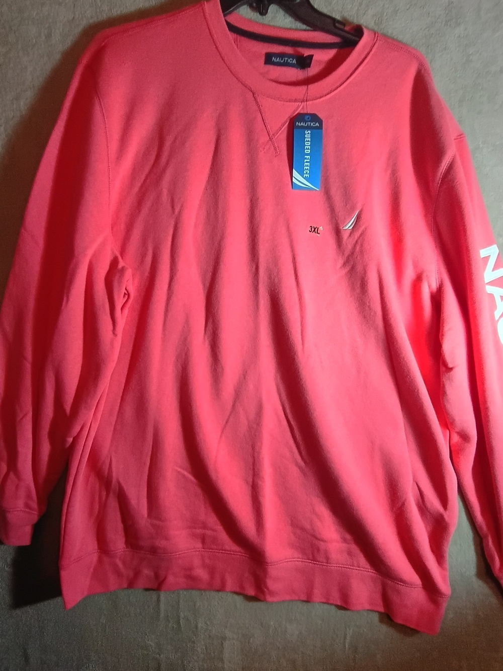 Nautica Sweatshirt Men 3XL New NWT Sueded Fleece Crewneck Coral Pink Sleeve Logo